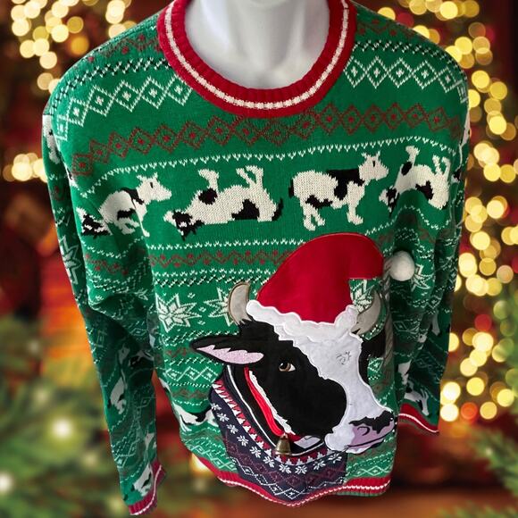 New Ugly Christmas Sweater Embroidered Cow Wearing Santa Hat Bell Green Size L - Picture 1 of 11